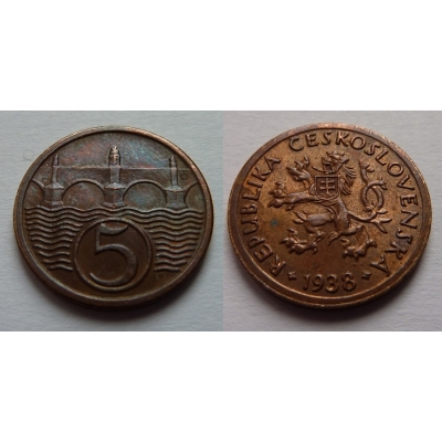 Československo - mince 5 haléřů 1938