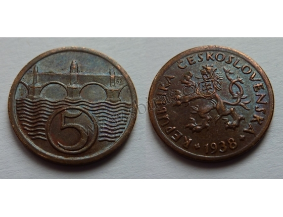 Československo - mince 5 haléřů 1938