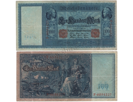 Německé císařství - bankovka 100 marek 1910, červený číslovač, modrý papír