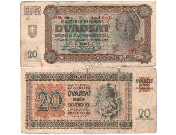 Slovenský štát - bankovkav 20 korun 1942, neperforovaná