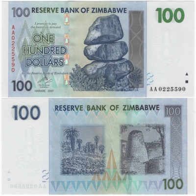 Zimbabwe - bankovka 100 dollars 2007 UNC