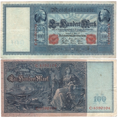 Německé císařství - bankovka 100 marek 1910, červený číslovač, bílý papír