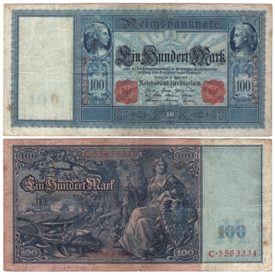 Německé císařství - bankovka 100 marek 1910, červený číslovač, bílý papír