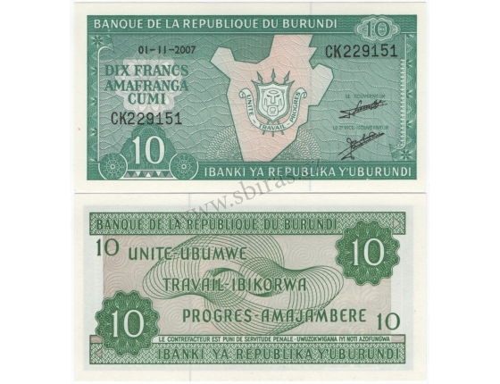 Burundi- bankovka 10 francs 2007 UNC