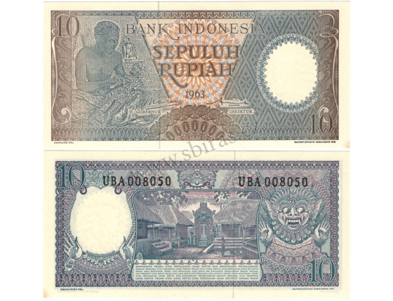 Indonésie - bankovka 10 rupiah 1963 UNC