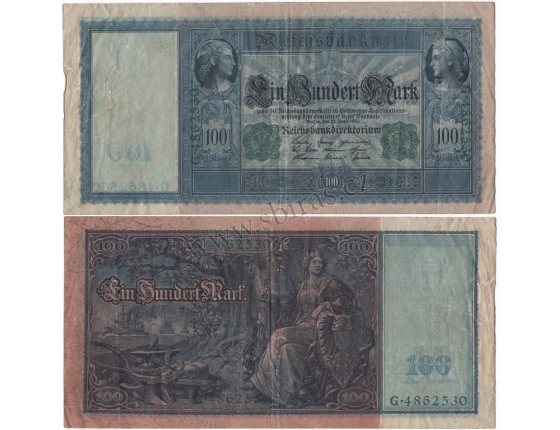 Německé císařství - bankovka 100 marek 1910, zelený číslovač, modrý papír