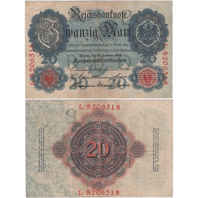 Německé císařství - bankovka Reichsbanknote 20 marek 1914, 7-místný číslovač