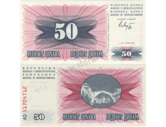 Bosna a Hercegovina - bankovka 50 dinara 1992 UNC
