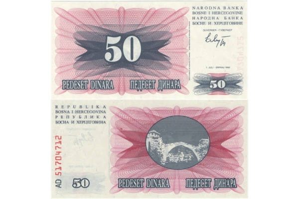 Bosna a Hercegovina - bankovka 50 dinara 1992 UNC