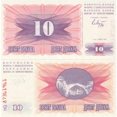 Bosna a Hercegovina - bankovka 10 dinara 1992 UNC