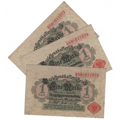 3x Německé císařství - bankovka 1 marka 1914, po sobě jdoucí sériová čísla 
