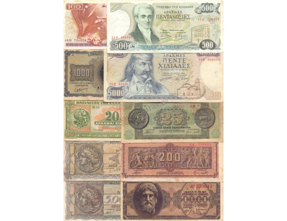 Řecko - sada 10 různých originálních bankovek