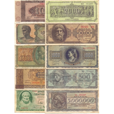 Řecko - sada 10 různých originálních bankovek