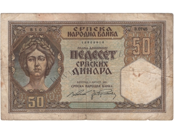 Srbsko - bankovka 50 dinara 1941, okupace nacistickým Německem