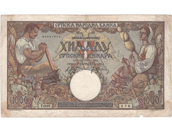 Srbsko - bankovka 1000 dinara 1942, okupace nacistickým Německem