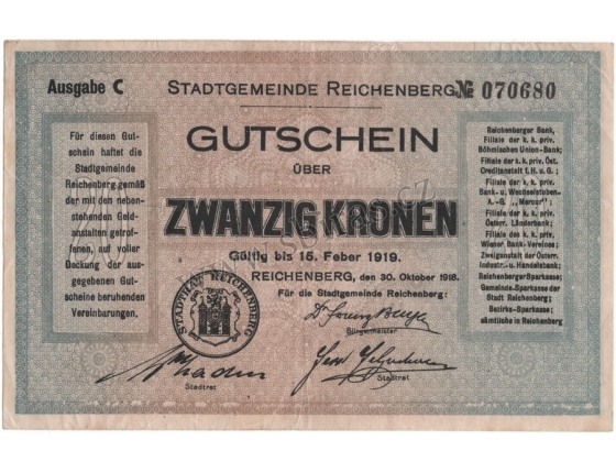 Československo - 20 korun, 15.2.1919, Reichenberg - Liberec