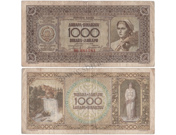 Jugoslávie - bankovka 1000 dinara 1946