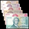 Chorvatsko - sada 6 bankovek 1,5,10,25,50000,100000 dinara UNC