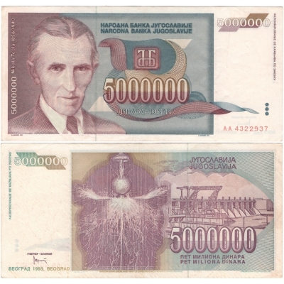 Jugoslávie - bankovka 5 000 000 dinara 1993