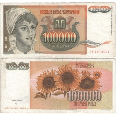 Jugoslávie - bankovka 100 000 dinara 1993