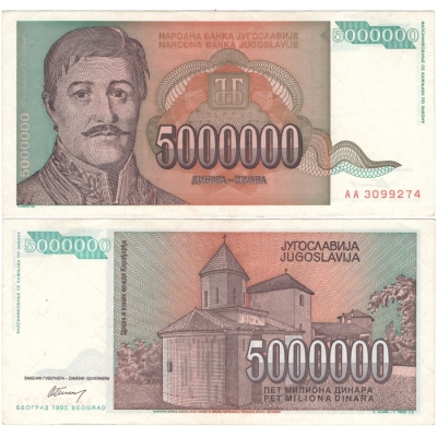 Jugoslávie - bankovka 5 000 000 dinara 1993