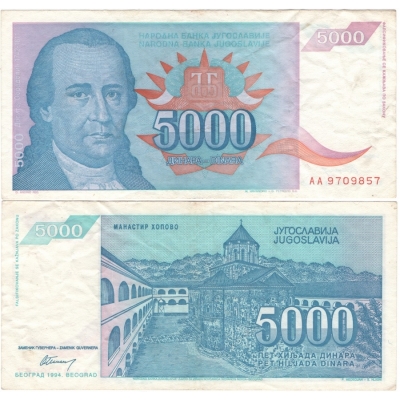Jugoslávie - bankovka 5000 dinara 1994