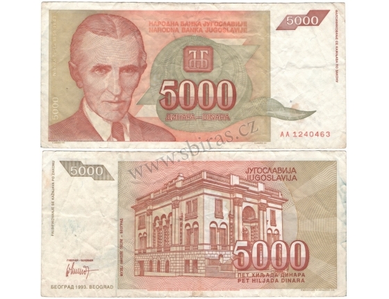 Jugoslávie - bankovka 5 000 dinara 1993
