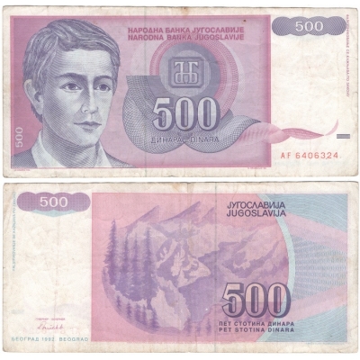 Jugoslávie - bankovka 500 dinara 1992