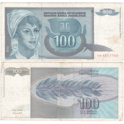 Jugoslávie - bankovka 100 dinara 1992