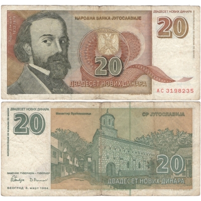 Jugoslávie - bankovka 20 dinara 1994