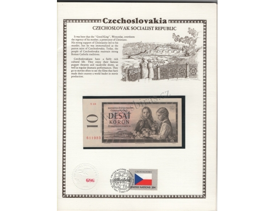 Sběratelský list z USA s vloženou originální bankovkou 10 korun 1960, série S v UNC stavu