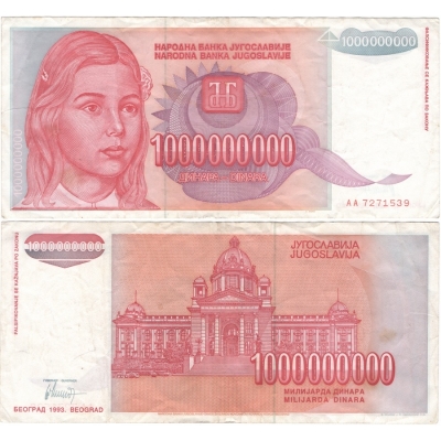 Jugoslávie - bankovka 1 000 000 000 dinara 1993