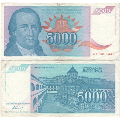 Jugoslávie - bankovka 5000 dinara 1994
