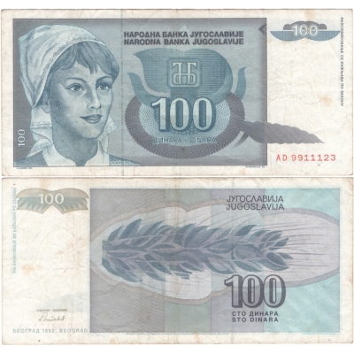 Jugoslávie - bankovka 100 dinara 1992
