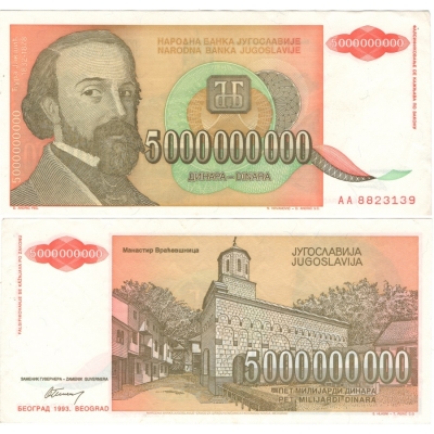 Jugoslávie - bankovka 5 000 000 000 dinara 1993