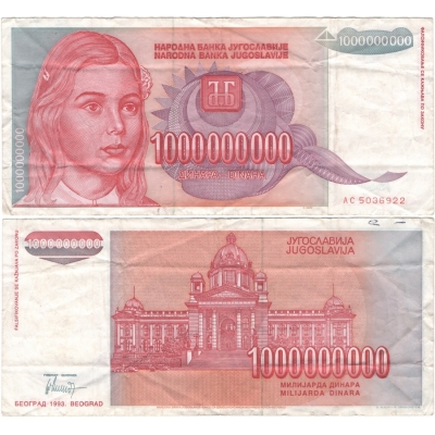 Jugoslávie - bankovka 1 000 000 000 dinara 1993