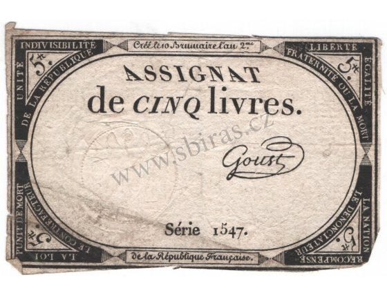 Francie - bankovka 5 Livres 1793