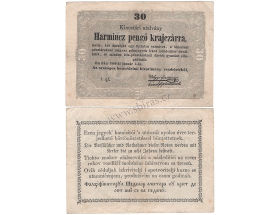 Maďarsko - bankovka 30 PENGÖ KRAJCZÁR 1849