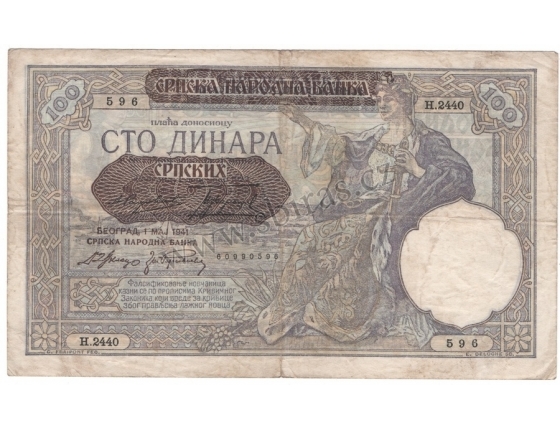 Jugoslávie - bankovka 100 dinara 1929 / přetisk Srbsko - okupace Německem 1941