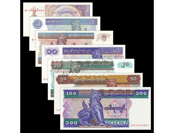 Barma - sada 7 bankovek - 50 Pyas, 1, 5, 10 20 50 100 Kyats UNC