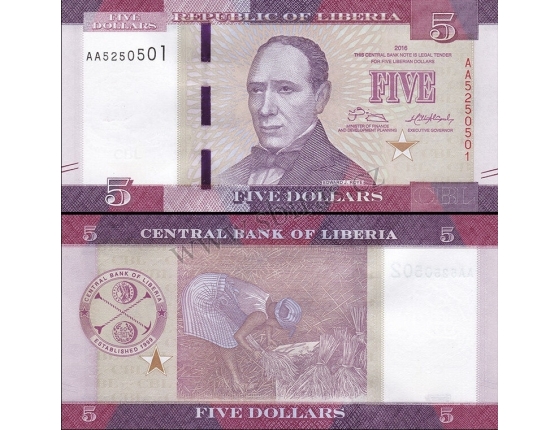Libérie - bankovka 5 dollars 2016 UNC