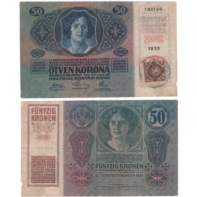50 korun 1914 kolkovaná, otočený kolek