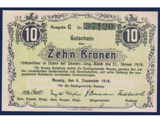 Bankovka: Česloslovensko - 10 korun Ústí nad Labem 1918