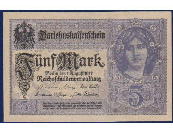 Německo - bankovka 5 Marek 1917 UNC
