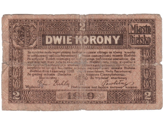 Poland - Bielsko-Biala, banknote 2 Crown 1919