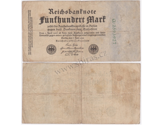 Německo - bankovka Reichsbanknote 500 marek 1922
