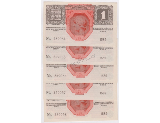 5x 1 koruna 1916, po sobě jdoucí sériová čísla 