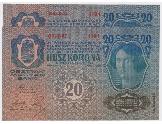 2 x 20 korun 1913, II. vydání, UNC, po sobě jdoucí číslovač