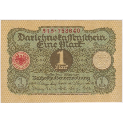 Německo - bankovka Darlehnskassenschein 1 Mark 1920 (UNC)