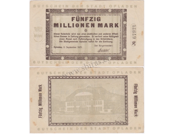 Německo - bankovka 50 millionen mark 1925 Opladen
